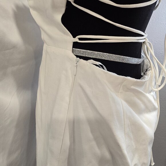 NWT Zara Dress White Off The Shoulder Open Back Mini Size Large Zip Puff-Sleeve - Picture 9 of 12